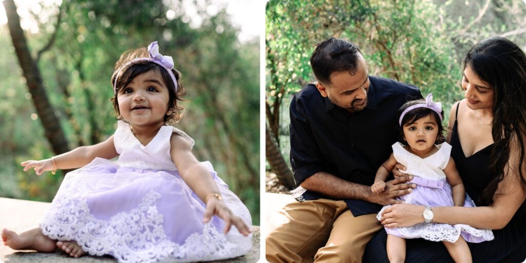 A toddler poses in her lavender lace birthday dress during a St. Pete first birthday photoshoot, followed by a tender family moment with her parents holding her close under soft, filtered light.