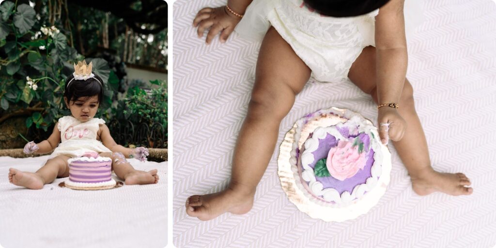 A baby in a white “One” romper sits in front of her purple smash cake during her first birthday photography session in St. Pete, followed by a close-up of her little hands reaching into the frosting.