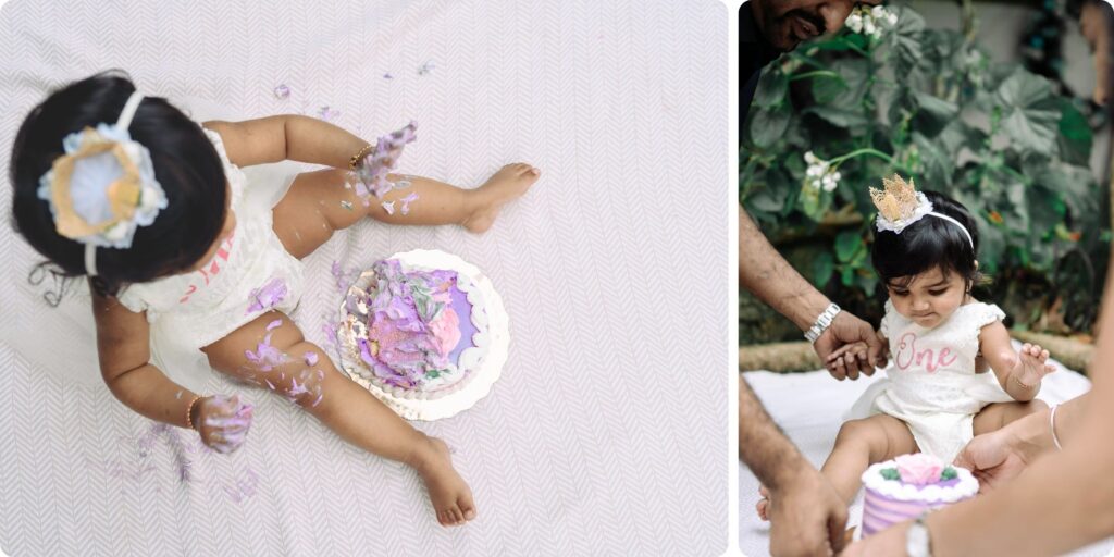 An overhead view of a toddler joyfully smashing her birthday cake, covered in purple frosting, paired with a moment of her parents gently guiding her through the smash during a St. Pete first birthday photoshoot.