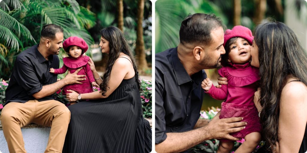 A family snuggles close with their one-year-old during a first birthday photography session in St. Pete, sharing kisses, smiles, and sweet connection while their daughter wears a vibrant magenta outfit and beret.