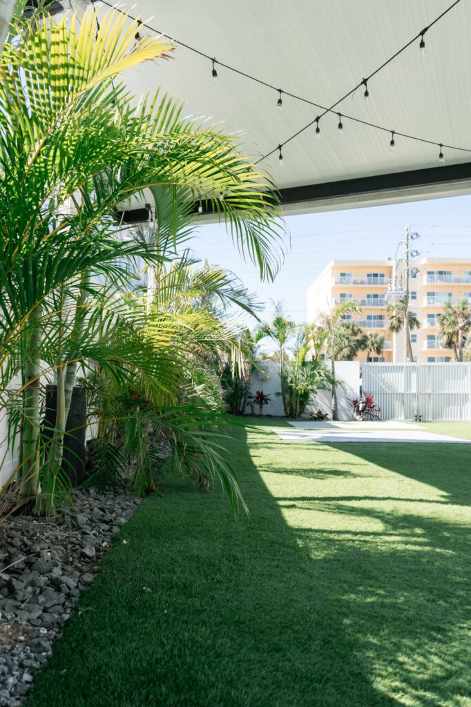 Lit roofing over the West Event's outdoor courtyard