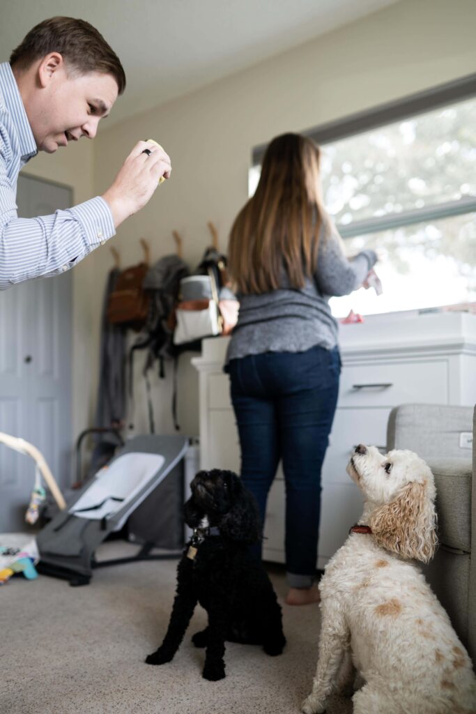 Dad trains dogs while mom is changing the baby in the nursery
