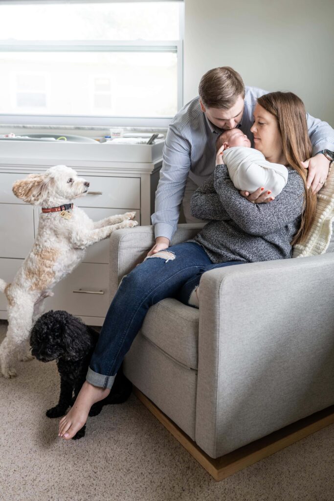 A puppy peeks in as mom and dad snuggle their newborn baby girl