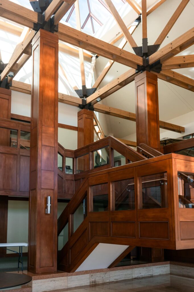 A grand staircase at the edge of the Poynter Institute's main wedding room