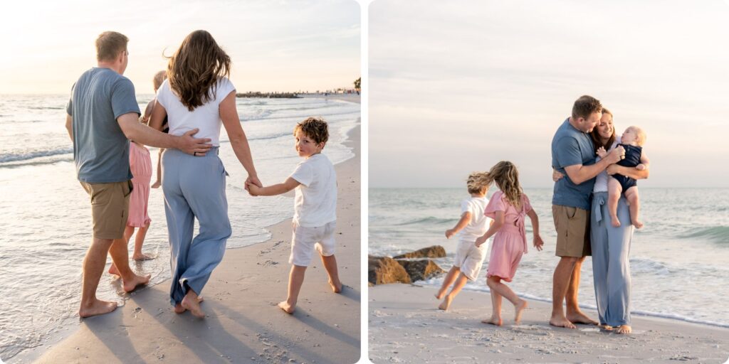 Family walking hand in hand along the shoreline at Upham Beach, the sunlight reflecting on the water during candid family beach photos in St. Pete.