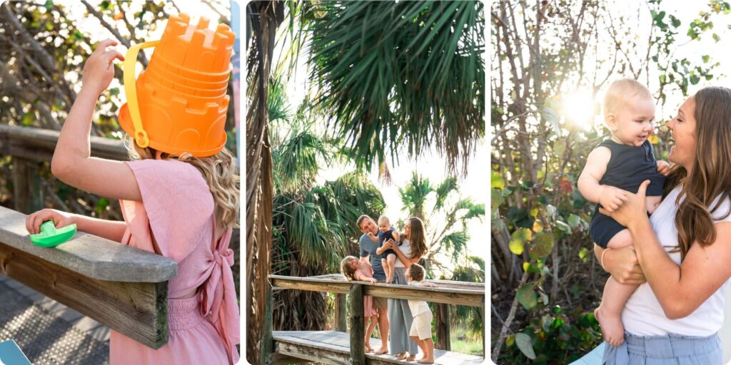Mother and son sitting on the rocks at Upham Beach, laughing and sharing a quiet moment during sunset family photos in St. Pete.