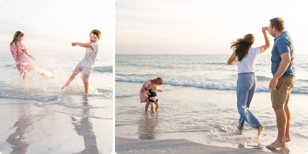 Siblings splashing each other in the Gulf while parents dance along the shore during candid family beach photos in St. Pete.