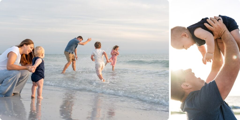 Family playing together at the water’s edge, with parents laughing as their kids run through the surf during a St. Pete Beach photo session.