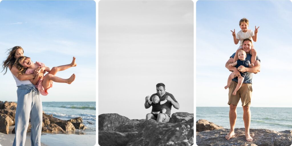 Parents lifting and playing with their kids near the rocks, including a father holding his baby and son on his shoulders at the beach.