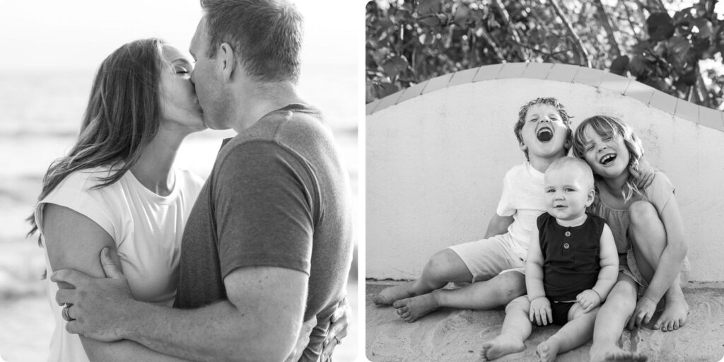 Parents sharing a kiss while their three children laugh together on the sand during a relaxed St. Pete Beach family photography session.