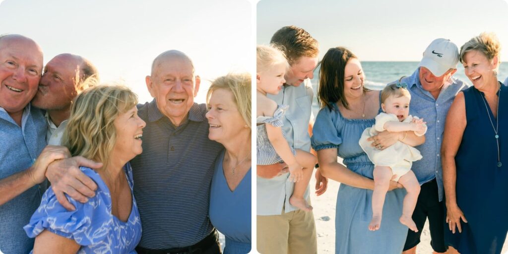 Grandparents, parents, and children embracing and laughing together in the sunshine during a St. Pete extended family beach photography session.