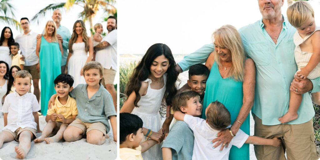 Close-up of grandparents, adult children, and grandkids sharing laughter and hugs during a golden-hour family photo session in St. Petersburg, FL.