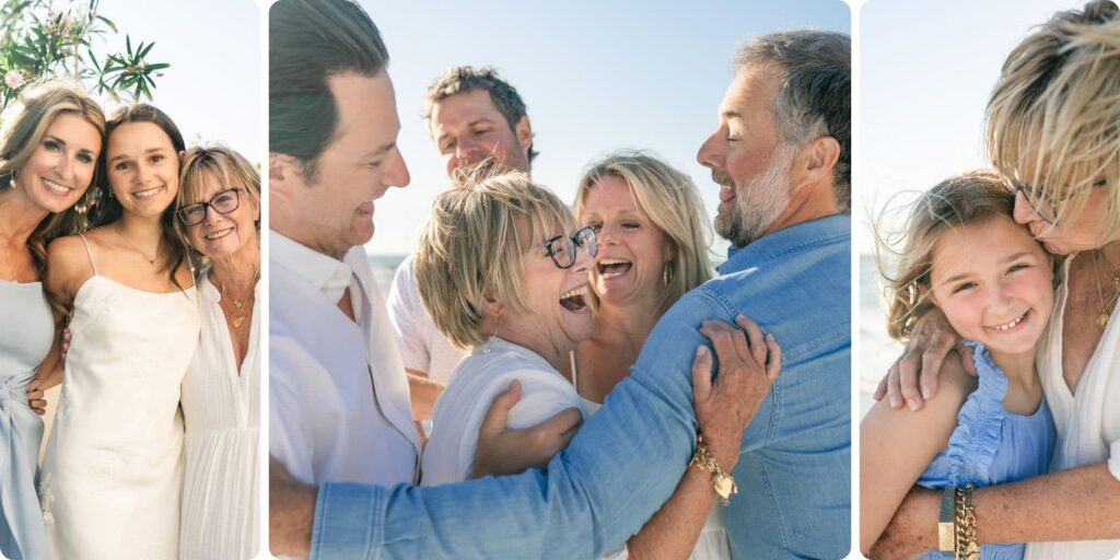 A mother surrounded by her grown children as they all laugh together at a beach session in St Pete