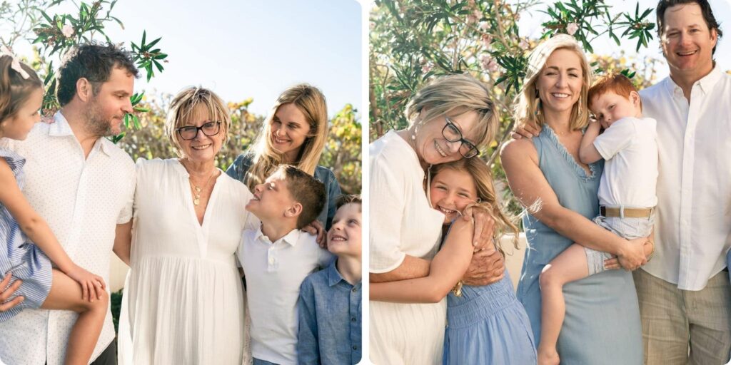Grandmother, parents, and young kids smiling warmly together in soft sunlight during an extended family holiday photo session in St. Petersburg, FL.