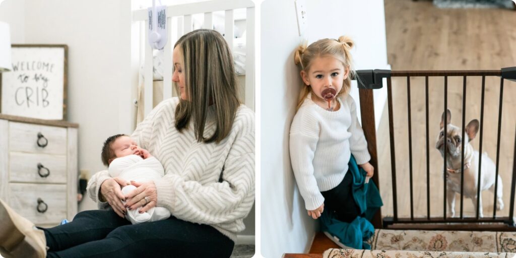 Mother holding sleeping newborn in nursery beside a toddler girl leaning against a baby gate with the family dog — candid newborn photography St. Pete