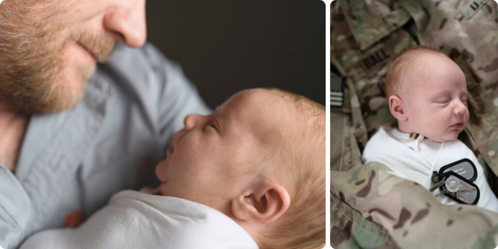 New dad gazing at his newborn son, and baby resting on military uniform with dog tags — meaningful heirloom newborn photography St. Pete