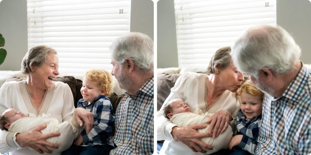 Grandparents laughing with toddler grandson and newborn baby during in-home newborn session — grandparents in newborn photos St. Petersburg Florida