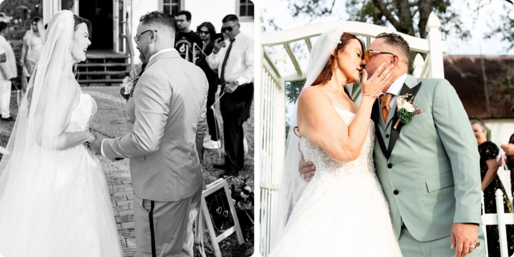 Bride and groom placing their personalized brick in the chapel walkway and sharing a kiss outside Historic Andrews Memorial Chapel in Dunedin Florida