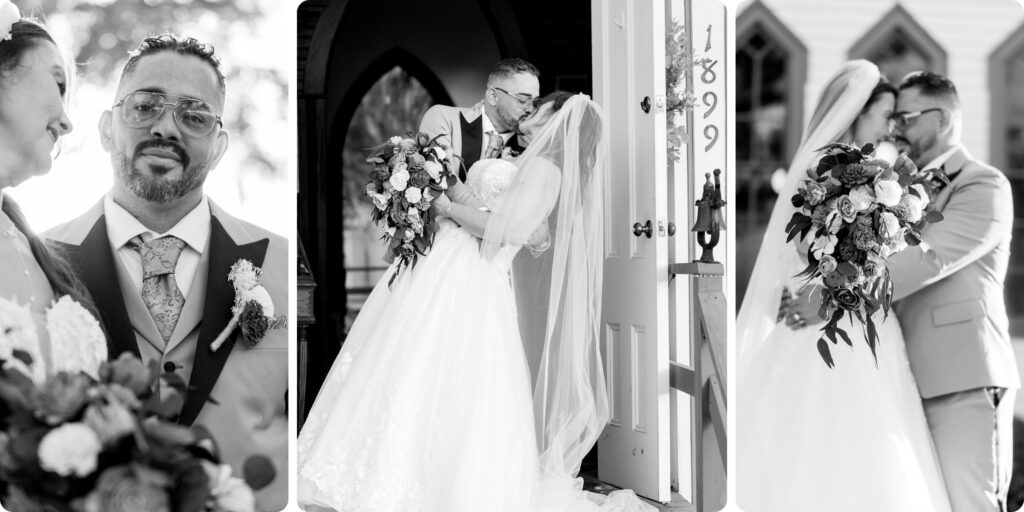 Black and white wedding portraits at Historic Andrews Memorial Chapel Dunedin Florida including groom watching bride walk the aisle and couple kissing in chapel doorway