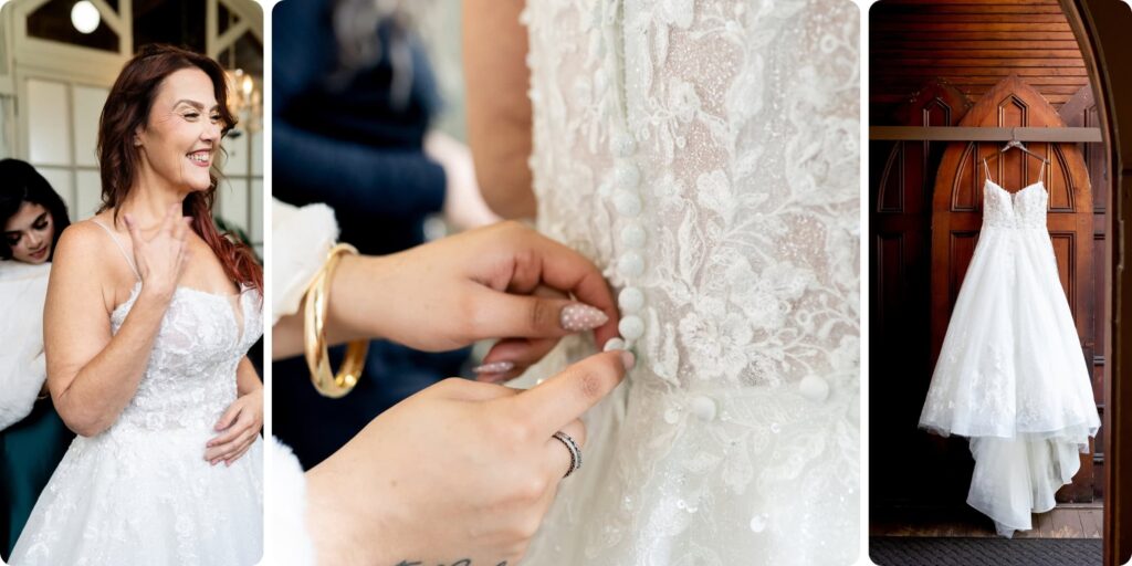 Getting ready photos at Historic Andrews Memorial Chapel wedding in Dunedin Florida, including bride laughing during dress buttons and gown hanging on chapel door