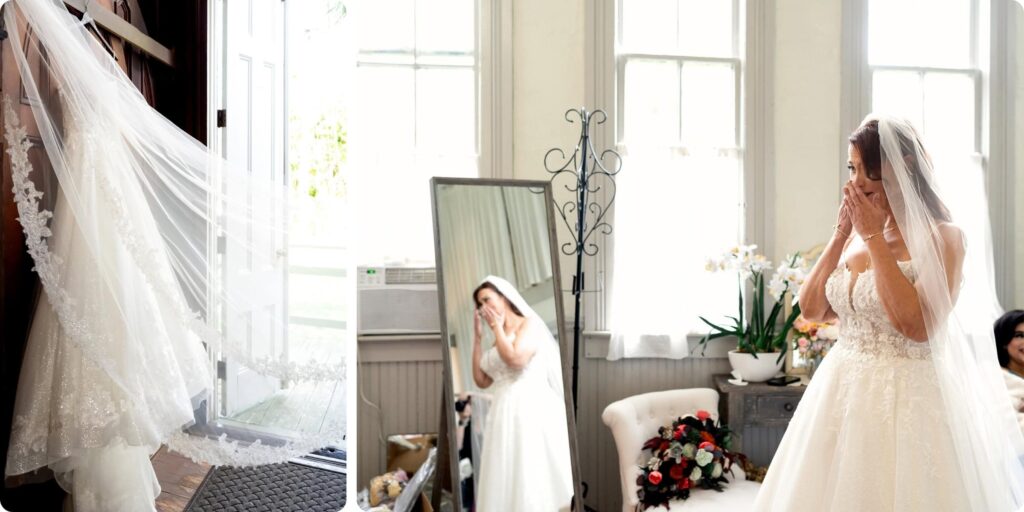 Bride seeing herself in the mirror for the first time in her wedding gown at Historic Andrews Memorial Chapel bridal suite in Dunedin Florida