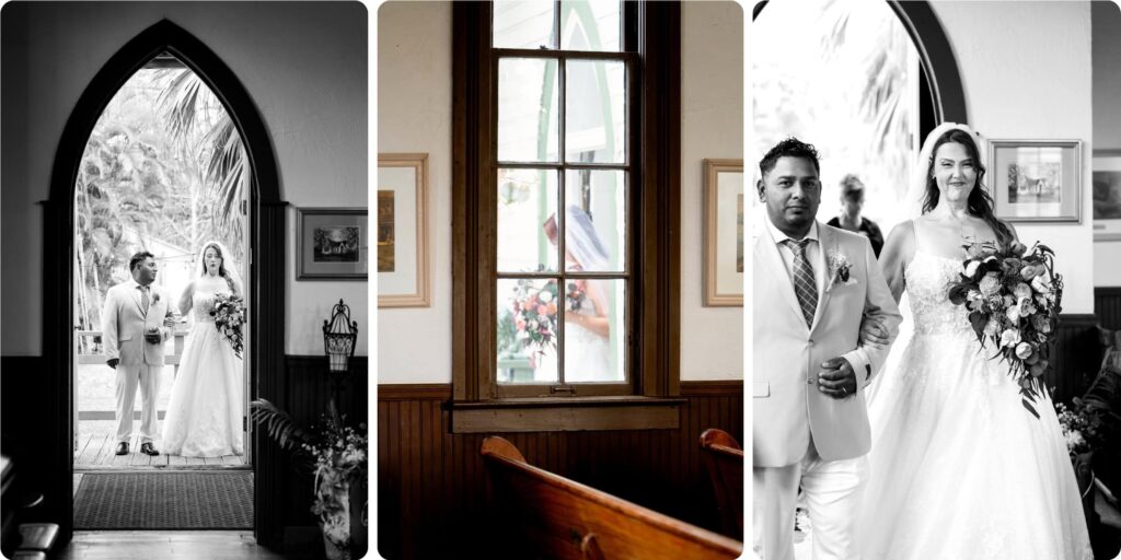 Black and white wedding photos at Historic Andrews Memorial Chapel Dunedin Florida showing couple in arched doorway and walking the aisle
