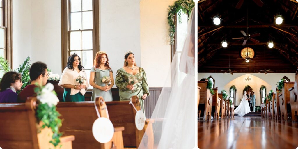 Bridesmaids watching ceremony and chapel interior ceiling at Historic Andrews Memorial Chapel wedding venue in Dunedin Florida