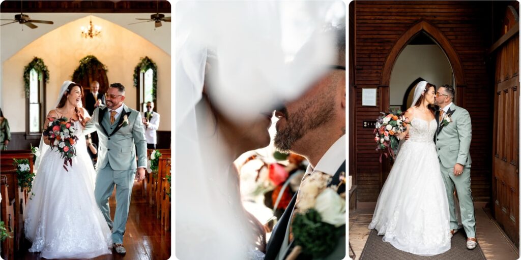 Bride and groom walking back down the aisle after ceremony at Historic Andrews Memorial Chapel Dunedin Florida, with veil kiss detail and doorway portrait