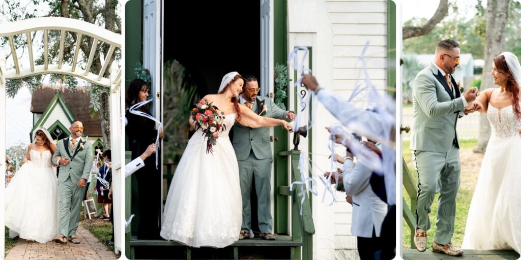 Bride and groom ringing the chapel bell and exiting Historic Andrews Memorial Chapel in Dunedin Florida as guests wave ribbon wands in celebration