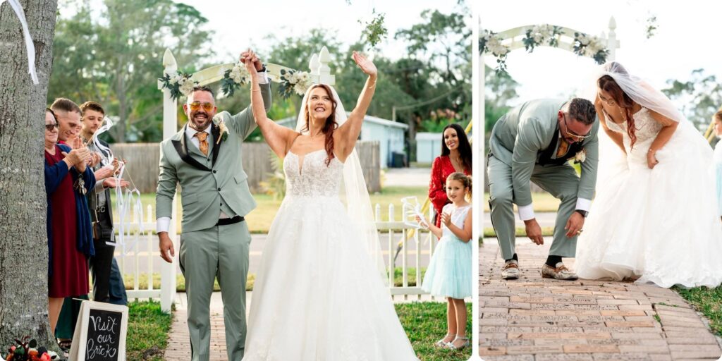 Bride celebrating with arms raised after wedding ceremony at Historic Andrews Memorial Chapel Dunedin Florida, with couple placing personalized brick in chapel walkway