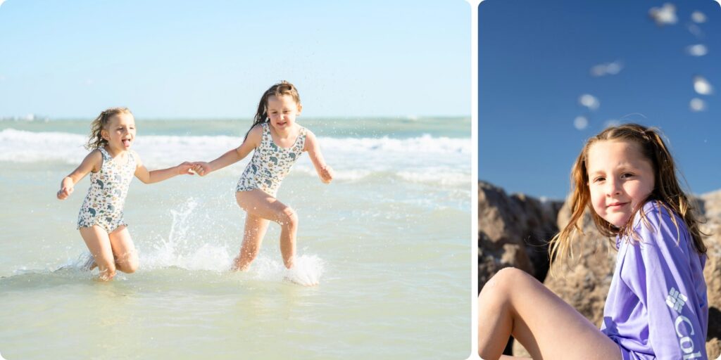 Two sisters running through the waves and a girl resting on the rocks during a St. Pete Beach family session