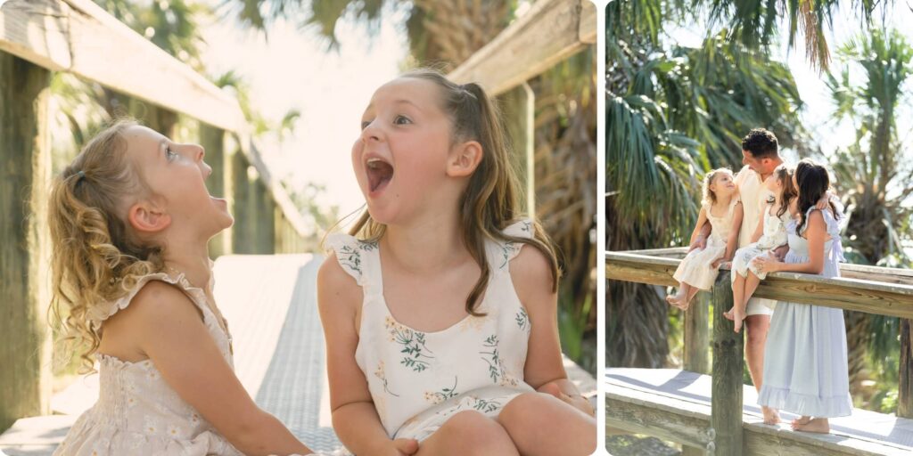 Two girls laughing together on a boardwalk and a family embracing under palm trees during a St. Pete family photo session