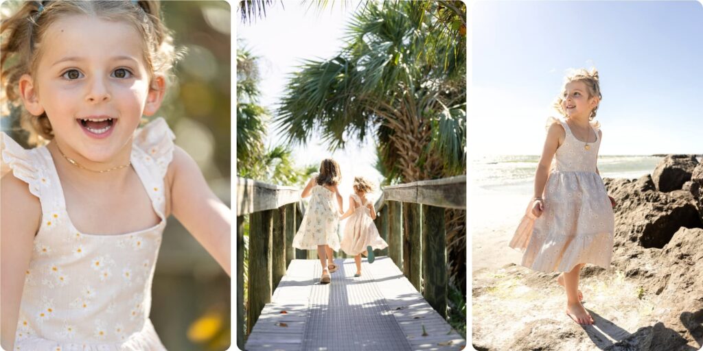Little girl laughing during a St. Pete family session, two sisters running down a beach boardwalk toward the Gulf, and a girl exploring the rocks at St. Pete Beach