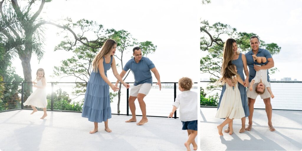 Candid family photos in Clearwater — parents chasing laughing daughter across a waterfront deck on the left; dad holding toddler upside down while mom and daughter giggle on the right