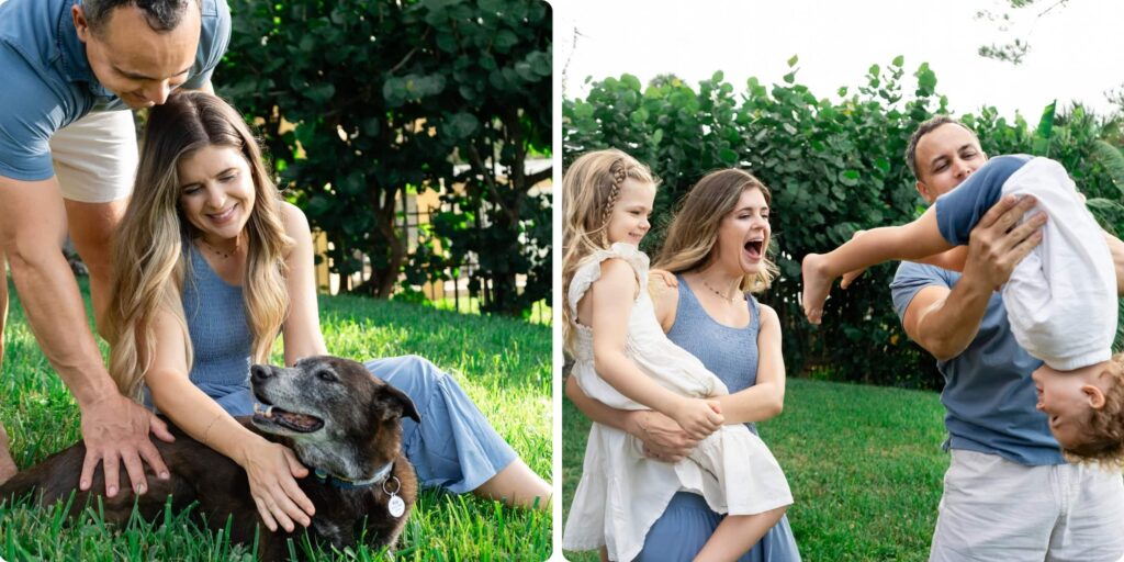 In-home family photography in Clearwater — mom and dad petting the family dog in the backyard on the left; full family laughing and playing together in the grass on the right