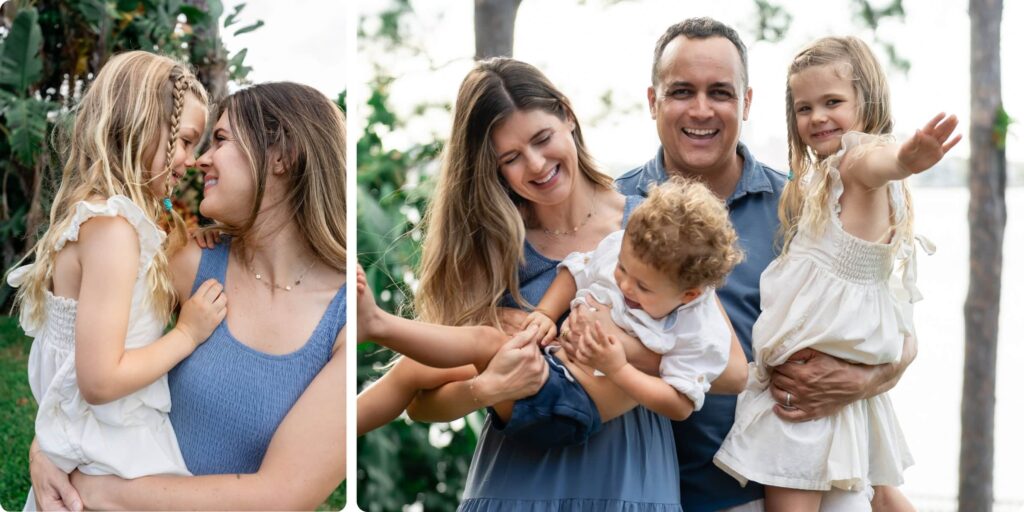 Candid family portraits near Clearwater — mom and daughter sharing a nose-to-nose moment on the left; parents holding both young children close and laughing together by the waterfront on the right