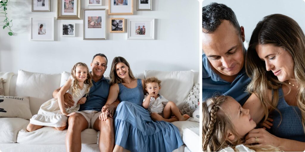 In-home family session in a St. Pete area living room — family of four relaxed together on a white sofa beneath a gallery wall of framed photos on the left; parents and young daughter in a tender close-up moment on the right