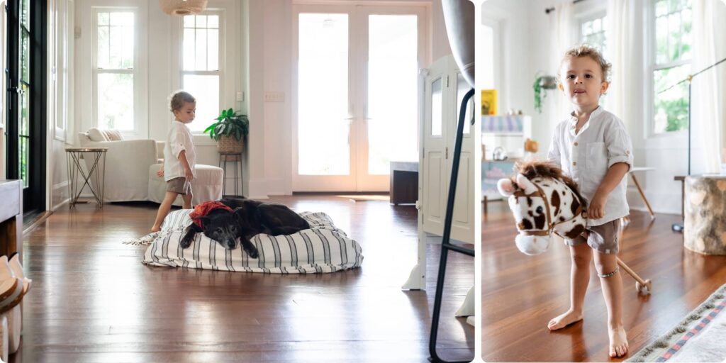Candid in-home photography capturing everyday life — toddler boy wandering past the family dog lounging on his bed in a sunlit living room on the left; same boy proudly holding his hobby horse in the natural light of the family room on the right