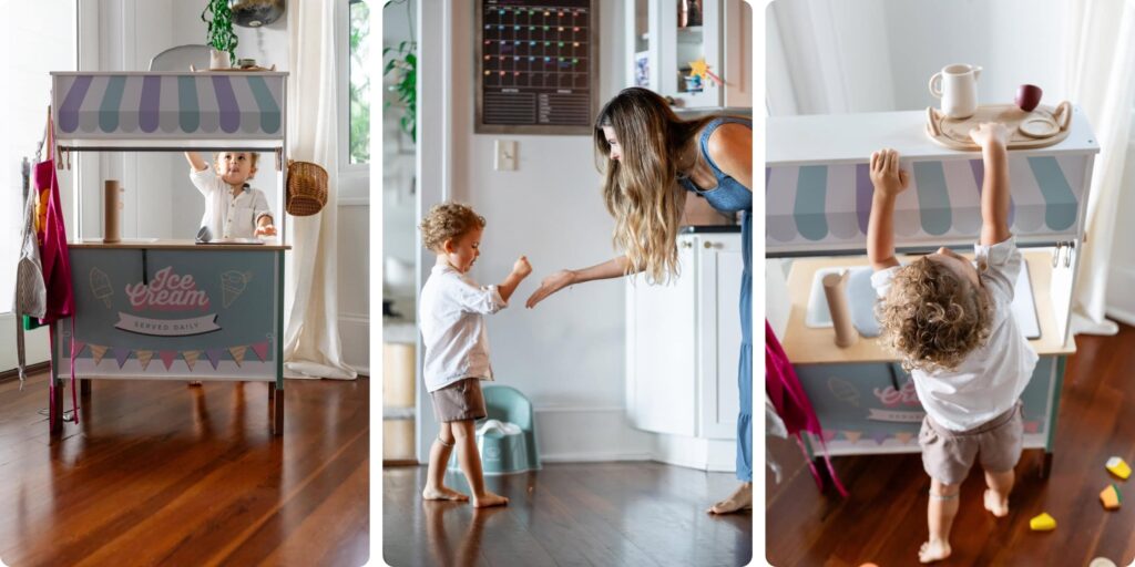 In-home family photos capturing a toddler's play kitchen phase — boy serving from his ice cream stand on the left; mom crouching to his level in the kitchen on the right; boy reaching up to his play stand in the third frame