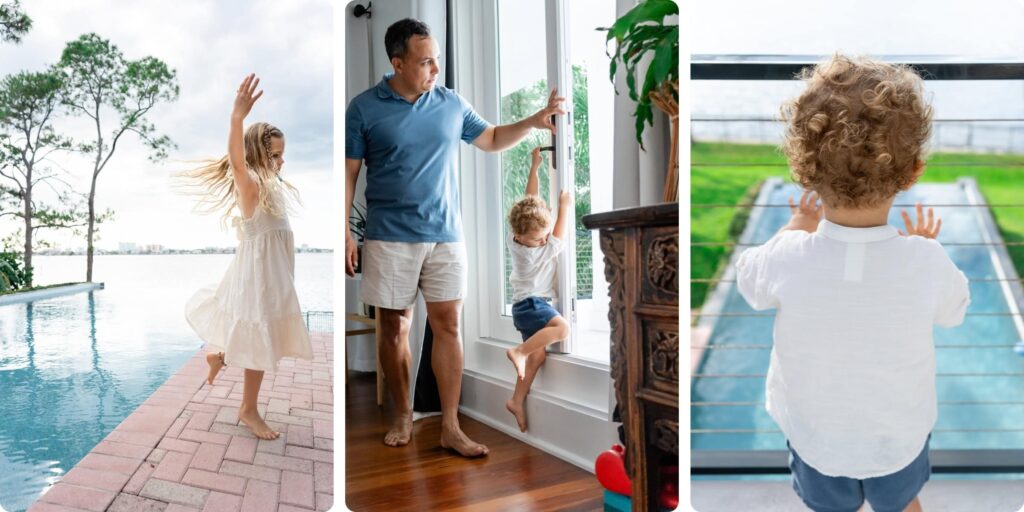 Home and property details from a Clearwater family session — young daughter dancing barefoot by the pool on the left; dad watching his son climb the window frame indoors in the center; toddler looking out at the pool through glass doors on the right