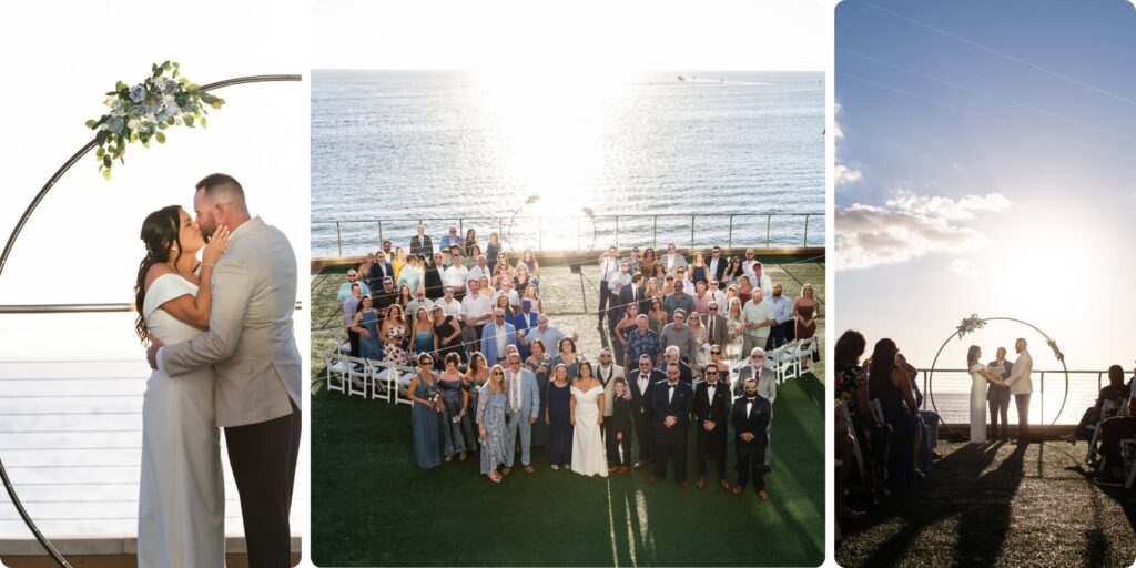 First kiss under circular arch at Opal Sands wedding venue Clearwater Beach with Gulf views and elevated group photo of all wedding guests