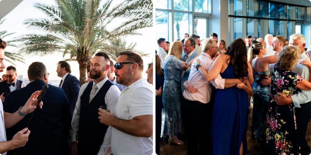 Wedding guests during cocktail hour at Opal Sands Resort Clearwater and guests dancing at indoor Gulf-view reception