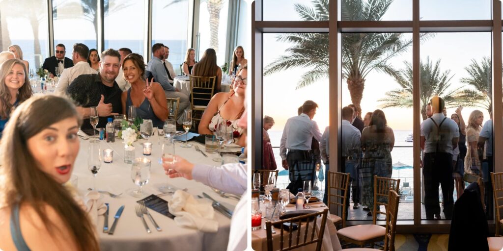 Joyful wedding reception guests at Opal Sands Clearwater Beach with Gulf of Mexico sunset visible through floor-to-ceiling windows