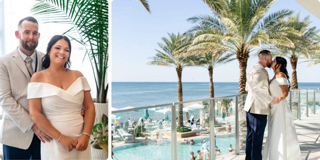 Wedding couple portraits at Opal Sands Resort Clearwater - indoor light-filled portrait and romantic kiss on balcony overlooking Gulf-front pool