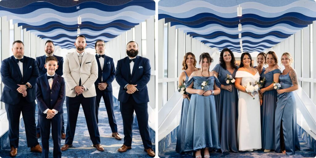 Wedding party portraits on the sky bridge connecting Opal Sands and Opal Sol resorts in Clearwater Beach Florida
