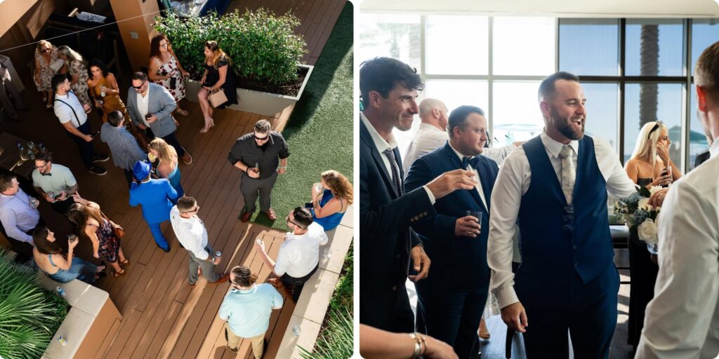 Bird's eye view of cocktail hour at Opal Sands Resort Clearwater and guests mingling inside the Gulf-view reception space