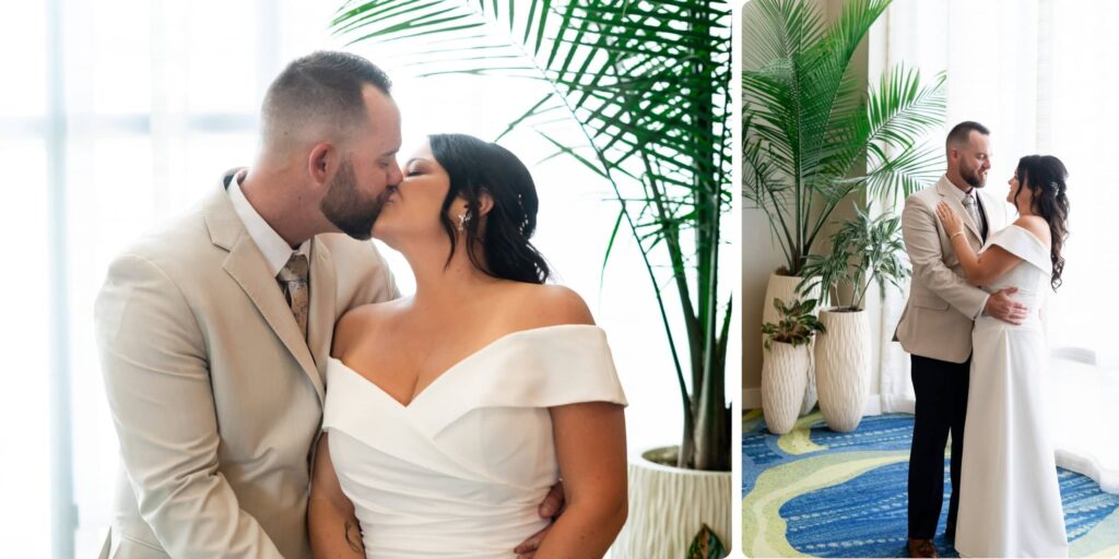 Bride and groom first look kiss and portrait in sunlit indoor space at Opal Sands Resort Clearwater Beach wedding