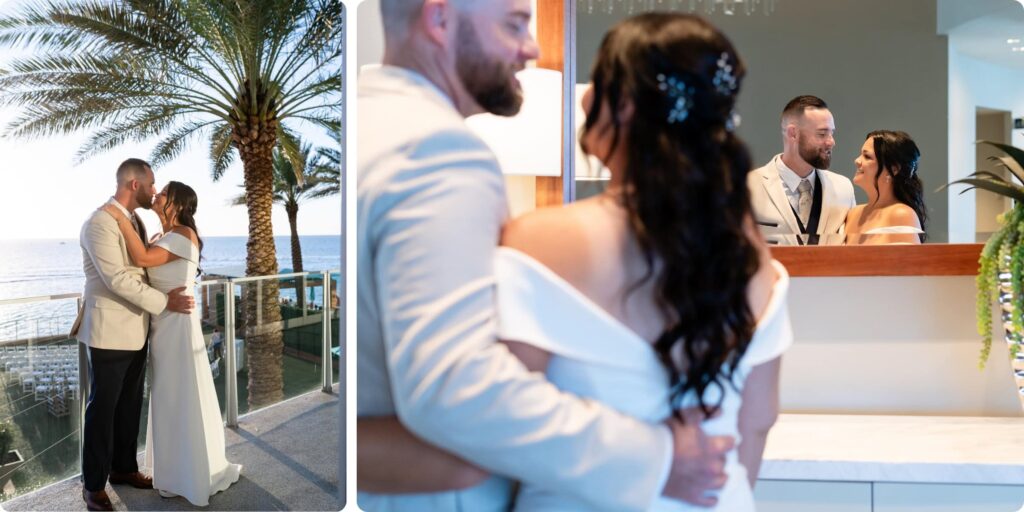 Bride and groom sharing a kiss on the balcony at Opal Sands Resort Clearwater Beach and intimate first look moment reflected in mirror