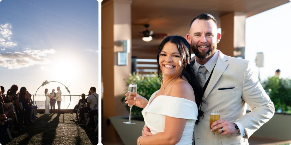 Outdoor rooftop wedding ceremony at Opal Sands Resort with Gulf of Mexico backdrop and couple celebrating with champagne at Clearwater Beach wedding