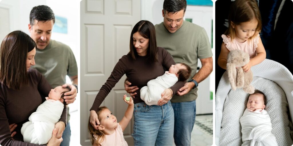 Sibling newborn photography in Crescent Heights, St. Petersburg, showing a toddler big sister reaching up to meet her new baby and gentle moments between parents and their newborn